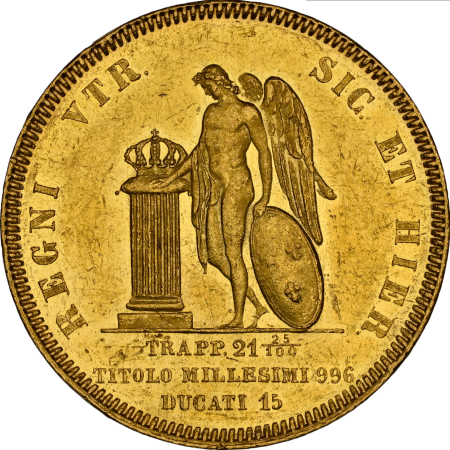 【動画あり】【レア度1-R1】イタリア 1851年 フェルディナンド2世 15ドゥカティ金貨 NGC-MS61+