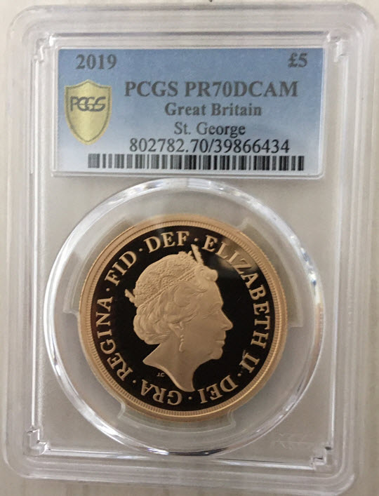 グレートブリテン2019年エリザベスII世5ポンドプルーフ金貨PCGS
