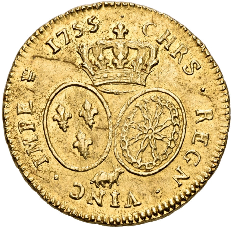 レア度2-R2】フランス 1755-Pau年 ルイ15世 2ルイドール金貨 NGC-MS62