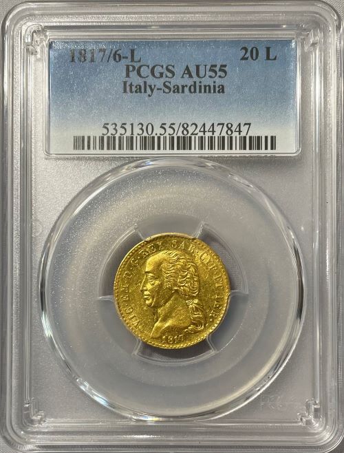 【レア度1-R1】イタリア サルディーニャ王国 1817/6-L年 ヴィットーリオ・エマヌエーレ1世 20リラ金貨 PCGS-AU55