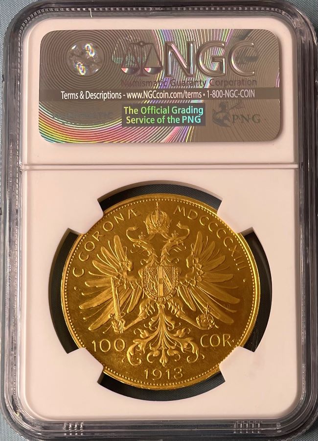 【動画あり】オーストリア 1913年 フランツ・ヨーゼフ1世 100コロナ金貨 NGC PF62 CAMEO