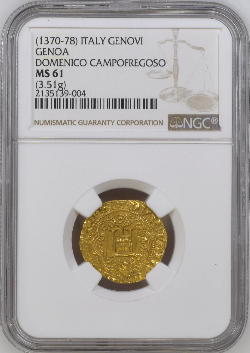 【動画あり】【レア度2-R2】イタリア ジェノヴァ共和国 1370-78年 ドメニコ・フレゴーソ (第6代ドージェ) 1ジェノヴィーノ金貨 NGC-MS61