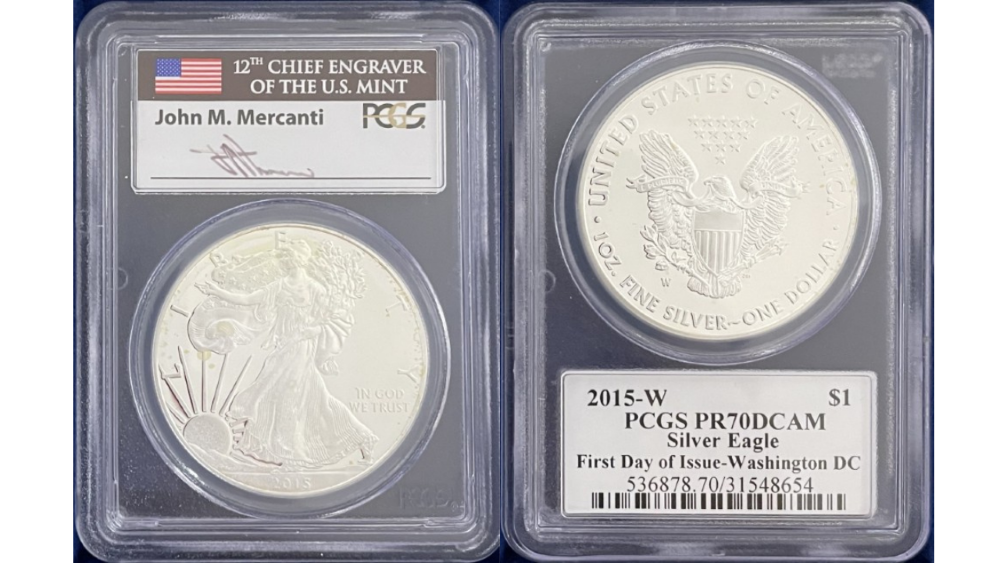 【ジョン・マーカンティ サイン入り】アメリカ 1ドル シルバーイーグル銀貨 2015-W年 PCGS-PR70 DCAM ファーストデイ・オブ・イシュー 31548654