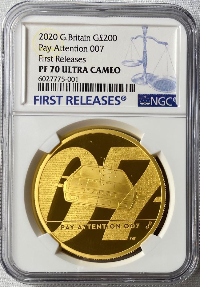 【動画あり】グレートブリテン 2020年 エリザベスII世 2オンス 200ポンドプルーフ純金金貨 ジェームズボンド2ndペイアテンション007 NGC-PF70UCAMファーストリリース