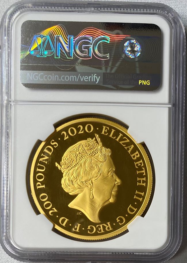 【動画あり】グレートブリテン 2020年 エリザベスII世 2オンス 200ポンドプルーフ純金金貨 ジェームズボンド2ndペイアテンション007 NGC-PF70UCAMファーストリリース