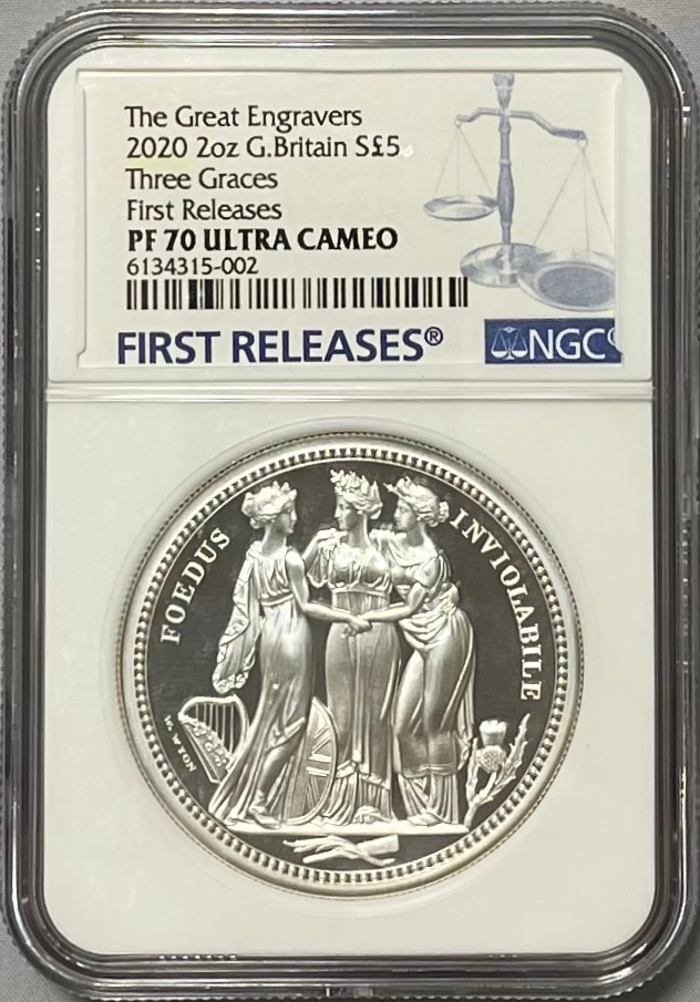 【動画あり】グレートブリテン 2020年 スリーグレイセス2オンス5ポンド銀貨 NGC PF70UCAM ファーストリリース オリジナル箱付き6134315-002