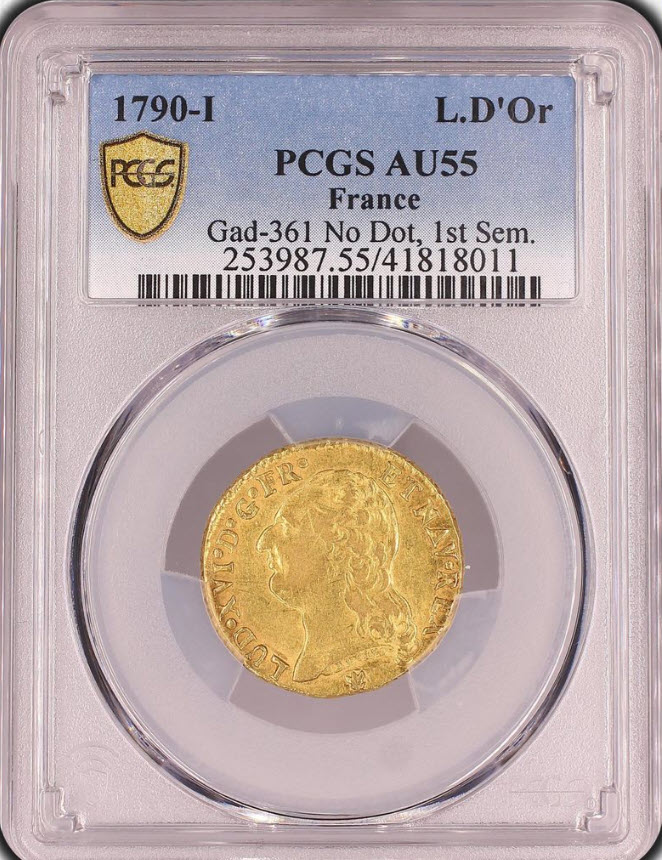 【レア度4-R4】フランス 1790-I年 ルイ16世 1ルイドール金貨 PCGS-AU55