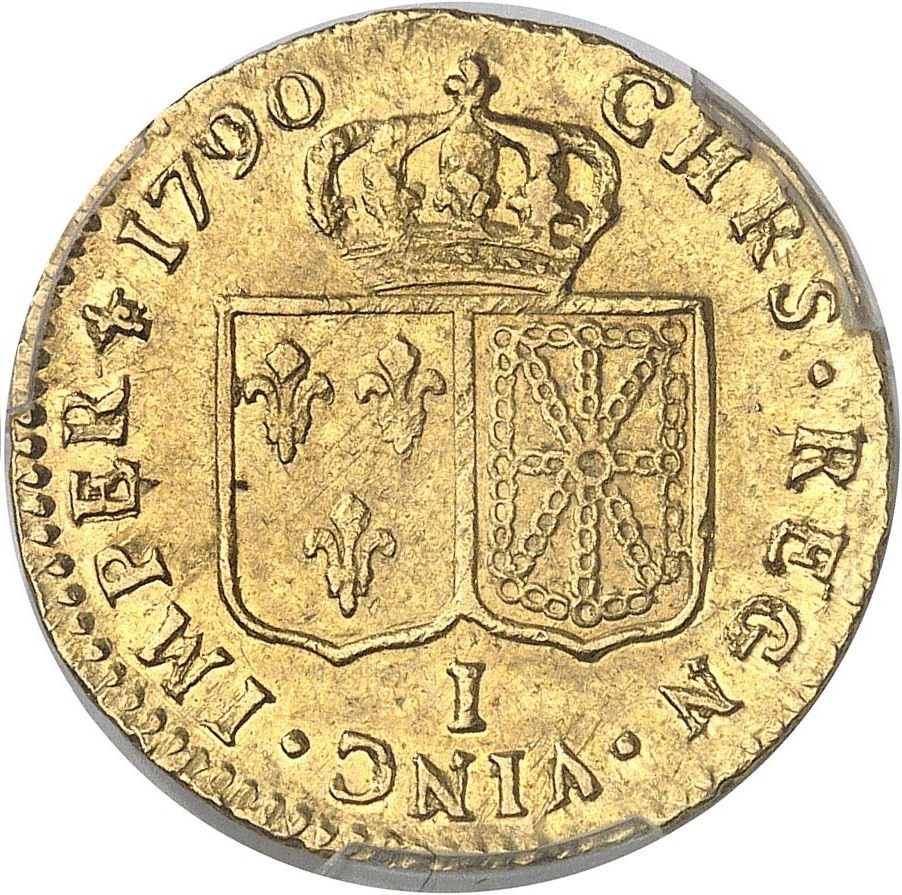【レア度4-R4】フランス 1790-I年 ルイ16世 1ルイドール金貨 PCGS-AU55