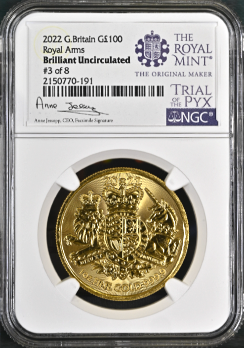 【トライアル・ピクス】NGC鑑定 グレートブリテン ロイヤル・アームズ 2022年 1オンス 100ポンド Brilliant Uncirculated 地金金貨