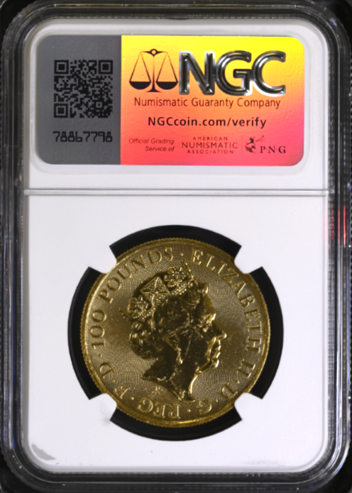 【トライアル・ピクス】NGC鑑定 グレートブリテン ロイヤル・アームズ 2022年 1オンス 100ポンド Brilliant Uncirculated 地金金貨