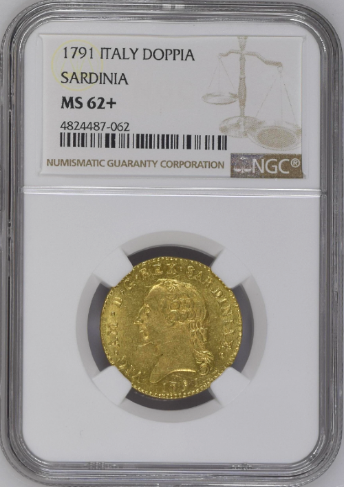 【動画あり】【レア度1-R1】イタリア サルデーニャ王国 1791年 ヴィットーリオ・アメデーオ3世 1ドッピア金貨 NGC-MS62+