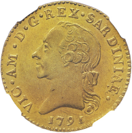 【動画あり】【レア度1-R1】イタリア サルデーニャ王国 1791年 ヴィットーリオ・アメデーオ3世 1ドッピア金貨 NGC-MS62+
