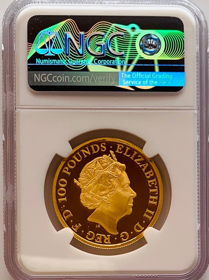 【動画あり】グレートブリテン クイーンズビースト 2020年 ホワイトホース 100ポンド金貨NGC-PF70UCAM-2175430-032