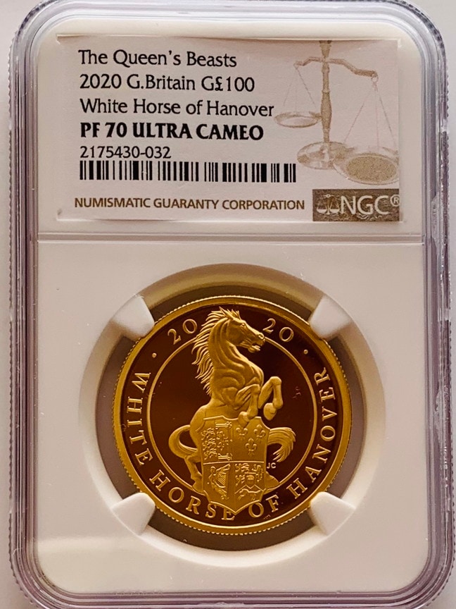 【動画あり】グレートブリテン クイーンズビースト 2020年 ホワイトホース 100ポンド金貨NGC-PF70UCAM-2175430-032