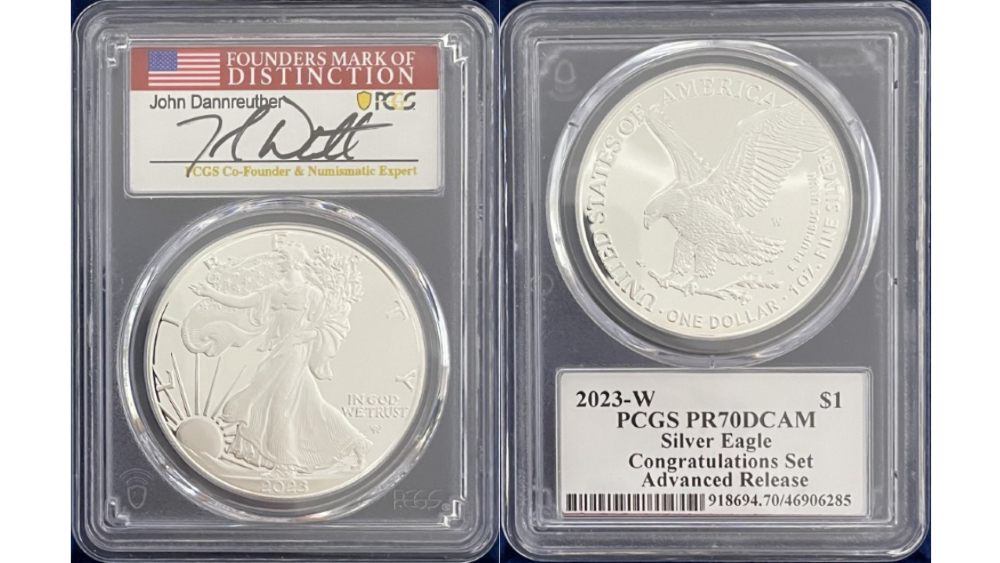 【ジョン・ダンルーサー サイン サイン入り】アメリカ 1ドル シルバーイーグル銀貨 2023-W年 PCGS-PR70 DCAM アドバンスド・リリース