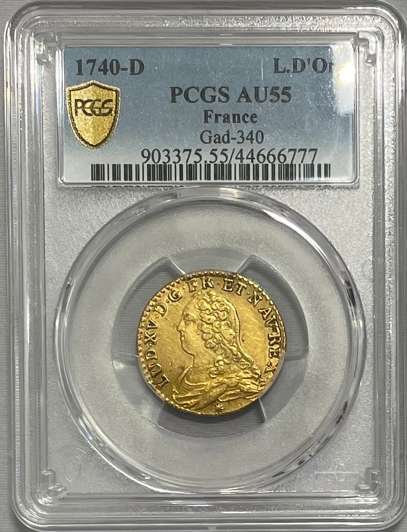 【レア度5-R5】フランス 1740-D年 ルイ15世 1ルイドール金貨 PCGS-AU55