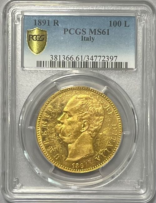 動画あり】【レア度3-R3】イタリア 1891-R年 ウンベルト1世 100