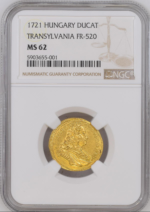 動画あり】ハンガリー 1721年 カール6世1ダカット金貨NGC-MS62