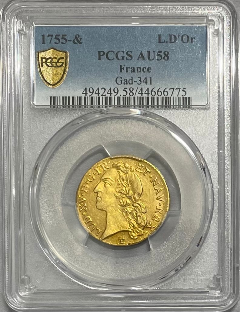 【レア度1-R1】フランス 1755-&年 ルイ15世 1ルイドール金貨 PCGS-AU58