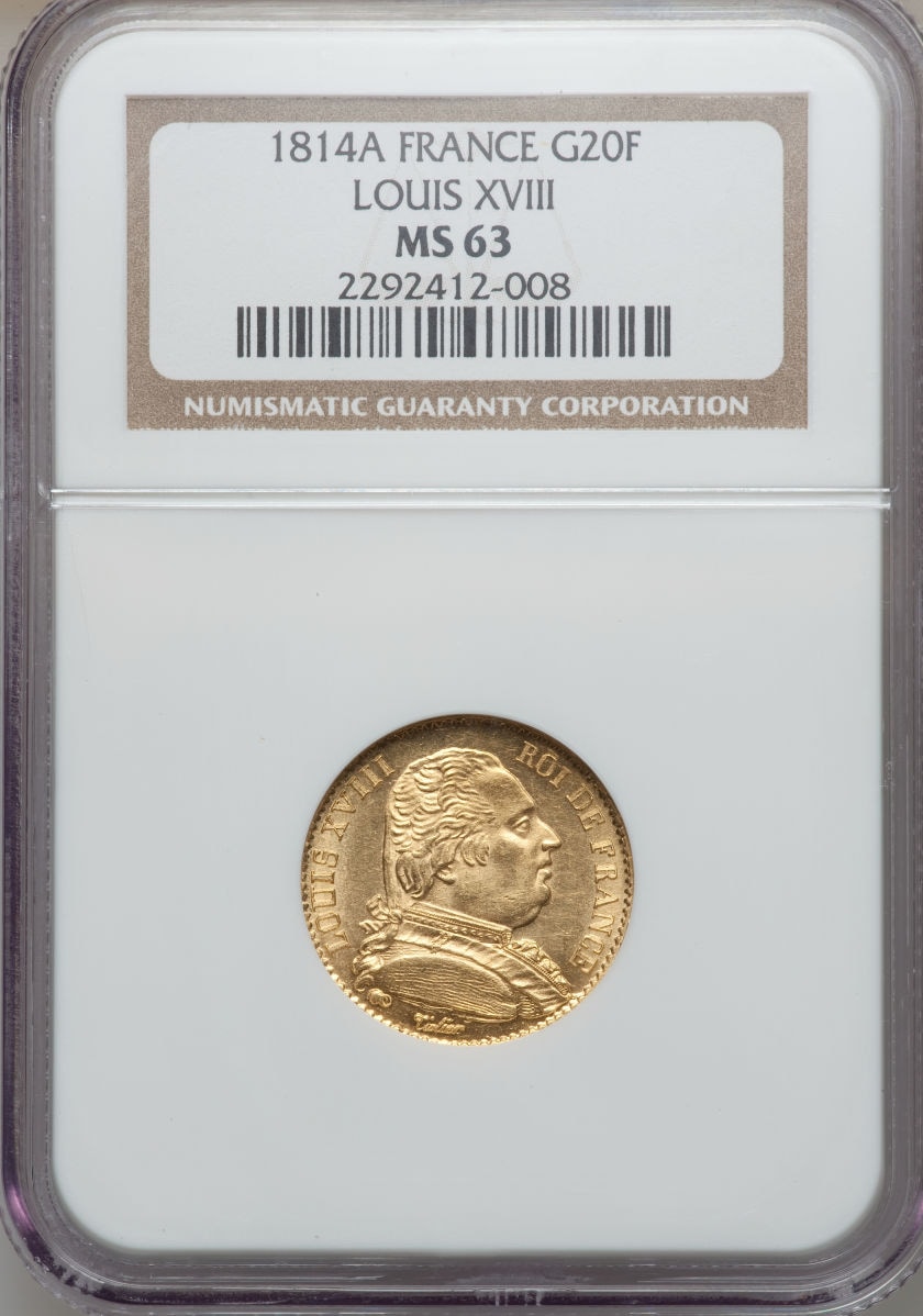 フランス20フラン金貨 Louis XVIII gold 20 Francs 1814-A KM706.1