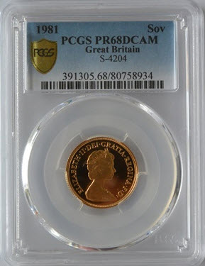 1981グレートブリテン1ソブリン ヤングエリザベス プルーフ金貨PR68DCAM PCGS