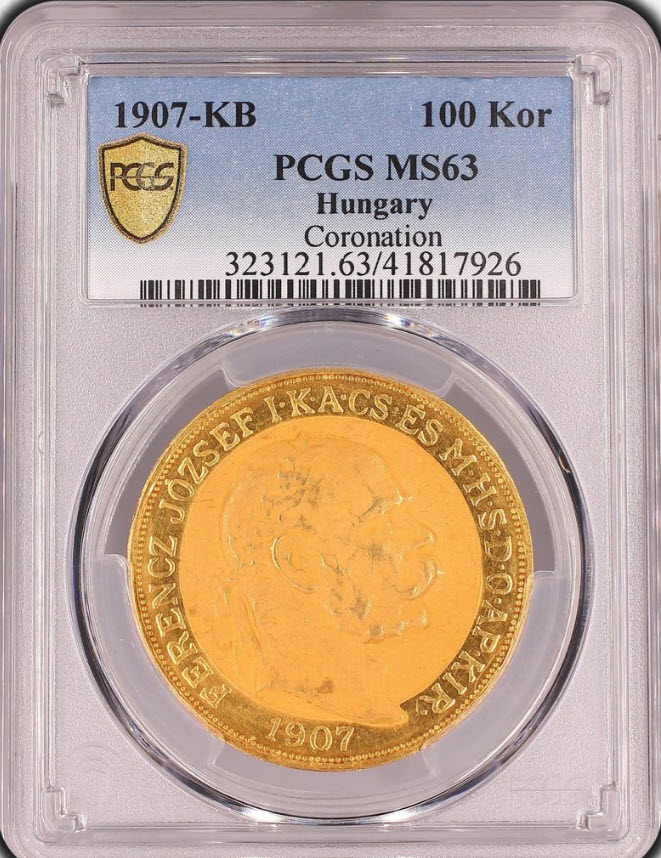 【動画あり】ハンガリー 1907年 フランツ・ヨーゼフ1世 戴冠式記念 100コロナ金貨 PCGS MS63
