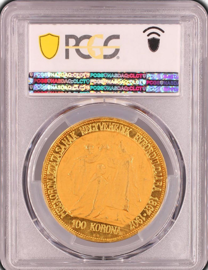 【動画あり】ハンガリー 1907年 フランツ・ヨーゼフ1世 戴冠式記念 100コロナ金貨 PCGS MS63