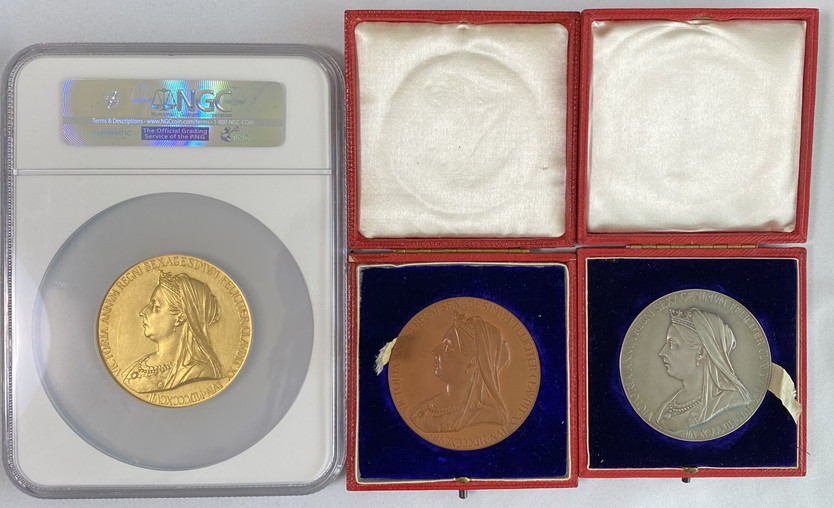 【動画あり】グレートブリテン1897年ゴールドNGC-MS61、シルバー、ブロンズメダル3点セット-ヴィクトリア女王ダイアモンドジュビリー