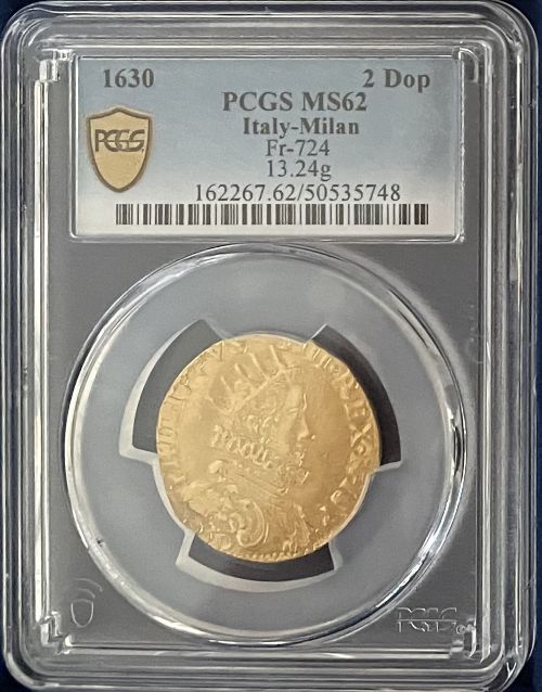 【動画あり】【レア度3-R3】アンティークコイン イタリア ミラノ1630年 フェリペ4世 2ドッピア金貨 PCGS-MS62