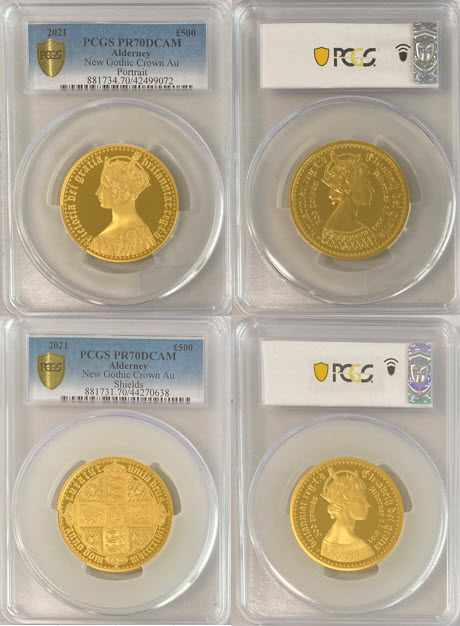 【予約商品】2枚組イギリスの王室属領オルダニー島エリザベス II 2021年500ポンドプルーフ金貨ニューゴシッククラウンPCGS-PR70DCAM箱付き