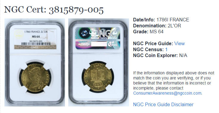 動画あり】フランス 1786-I年ルイ16世2ルイドール金貨1786-I MS64 NGC