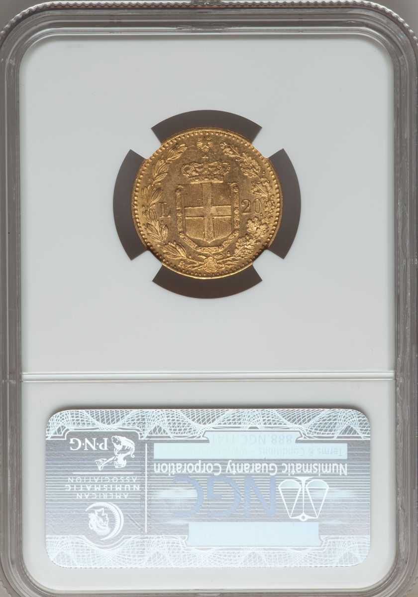 イタリア 20リレ金貨 Umberto I gold 20 Lire 1889-R, KM21, MS62 NGC