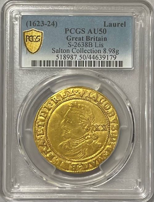 【動画あり】アンティークコイン グレートブリテン ジェームズ1世 ゴールドローレルND (1623-24) PCGS-AU50 Mark and Lottie Salton Collection