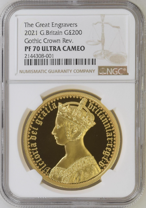 グレートブリテン 2021年 ニューゴシッククラウンリバース 2オンス 200ポンド金貨 NGC-PF70UCAM 2144308-001