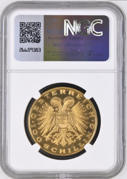 【動画あり】アンティークコイン 1936年 オーストリア共和国 100シリング金貨 NGC-PL64 UCAM