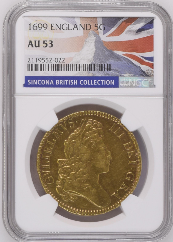 【動画あり】グレートブリテン 1699年 ウイリアム3世 5ギニー金貨 NGC-AU53