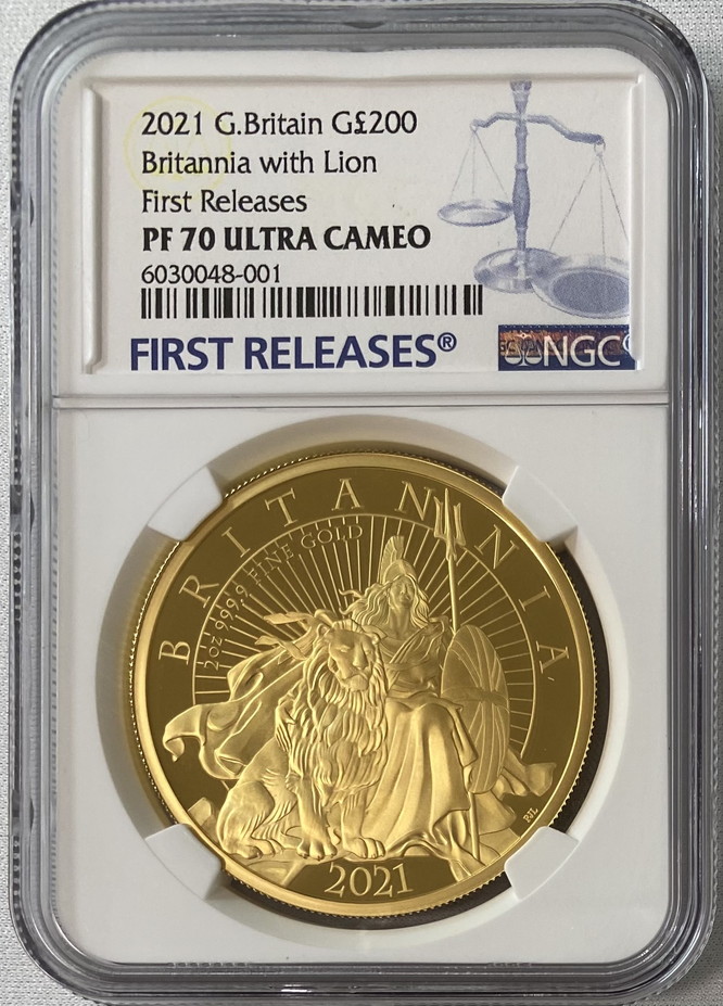 【超特価】グレートブリテン 2021年 エリザベス2世 純金2オンス 200ポンドプルーフ・ライオンとブリタニア金貨 NGC-PF70UCAM ファーストリリース 箱付き