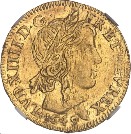 【レア度2-R2】フランス 1649-F年 ルイ14世 1ルイドール金貨 NGC-AU58