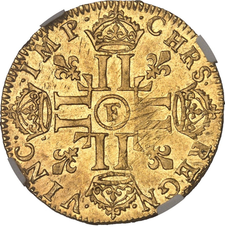 【レア度2-R2】フランス 1649-F年 ルイ14世 1ルイドール金貨 NGC-AU58