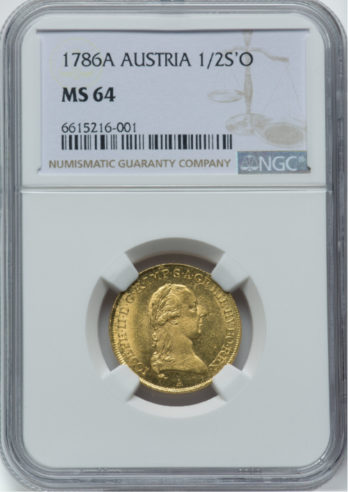 【動画あり】アンティークコイン オーストリア 1786年 ヨーゼフ2世 1/2ソブリン金貨 NGC-MS64