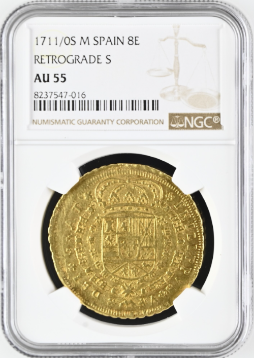【動画あり】アンティークコイン 1711/0S年 スペイン フェリペ5世 8エスクード金貨 NGC-AU55