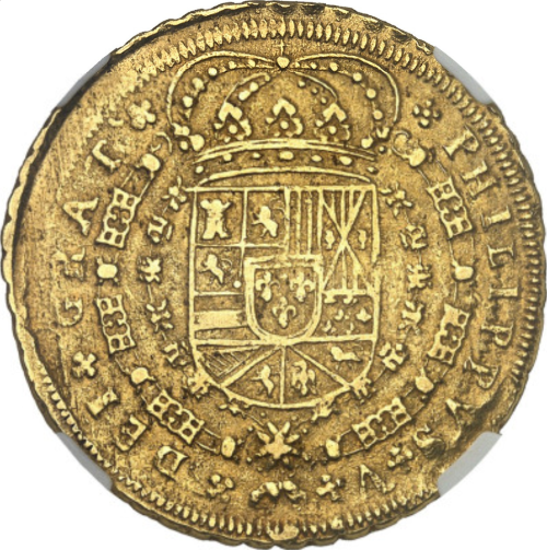 【動画あり】アンティークコイン 1711/0S年 スペイン フェリペ5世 8エスクード金貨 NGC-AU55