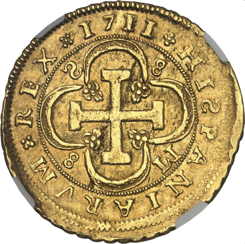 【動画あり】アンティークコイン 1711/0S年 スペイン フェリペ5世 8エスクード金貨 NGC-AU55