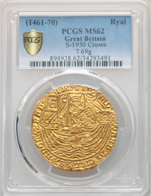 【動画あり】グレートブリテン エドワード4世(第1代、1461~1470)ゴールド・ロイヤル(ローズノーブル)ND(1469~1470)PCGS-MS62