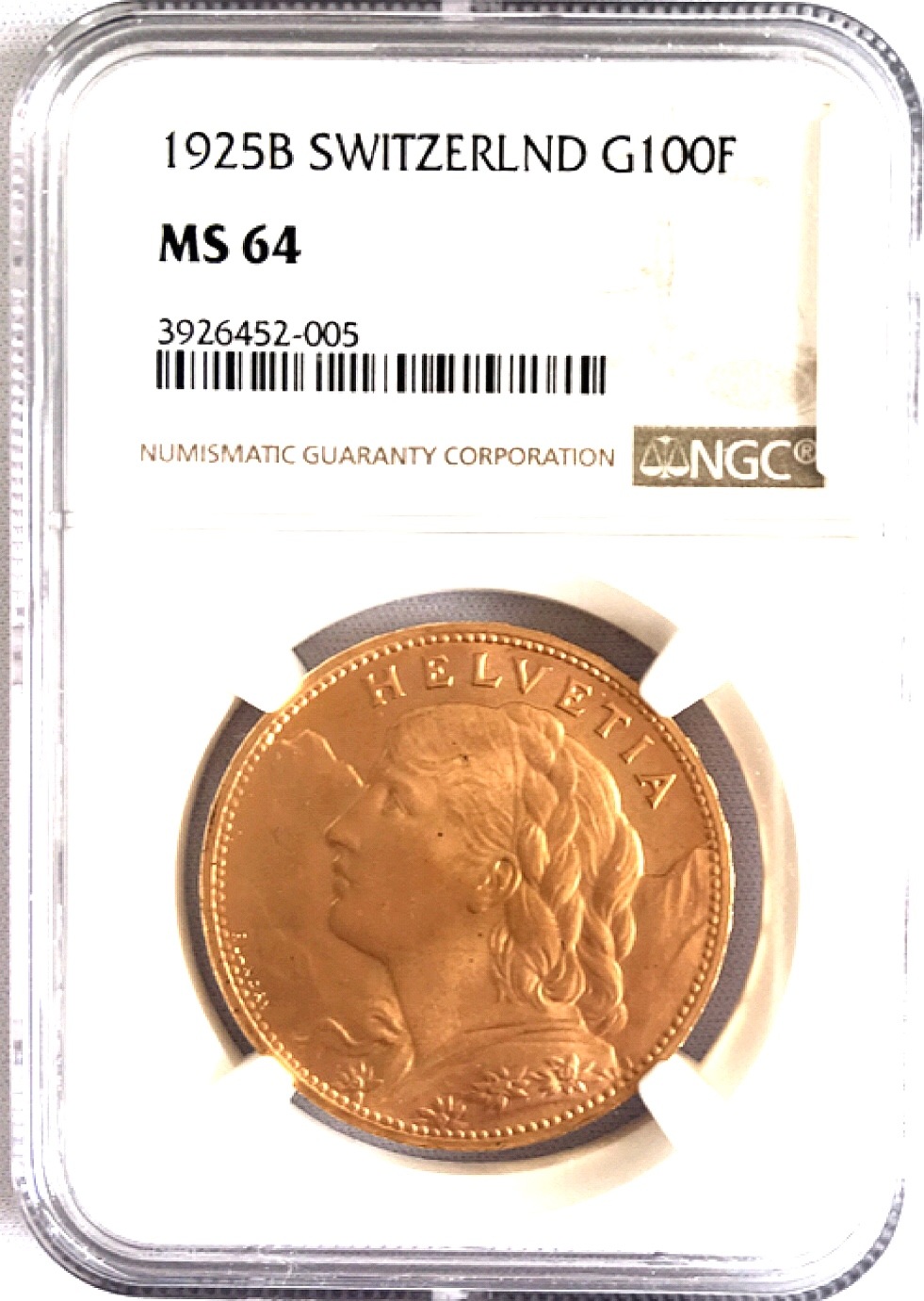 【動画あり】アンティークコイン スイス 1925年アルプスの少女 ブレネリ100フラン金貨 MS64 NGC