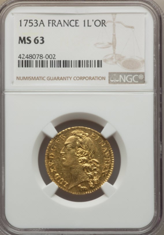【動画あり】フランス ルイドール金貨 ルイ15世1753A-NGC-MS63