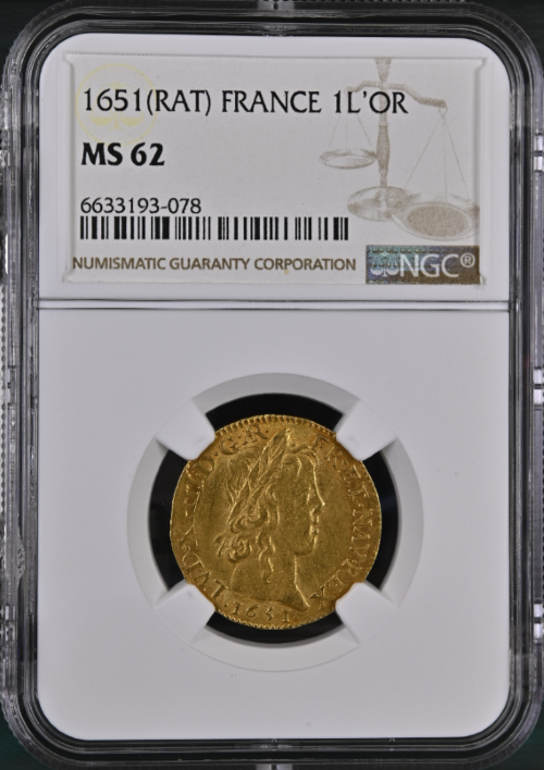 レア度4-R4】フランス 1651(RAT)年 ルイ14世 1ルイドール金貨 NGC-MS62