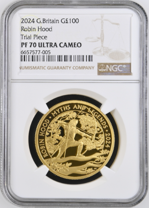 【トライアル・ピース】グレートブリテン 2024年 Myths and Legends ロビンフッド チャールズ3世 1オンス 100ポンド プルーフ金貨 NGC-PF70 UCAM