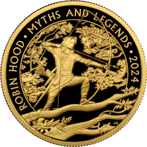 【トライアル・ピース】グレートブリテン 2024年 Myths and Legends ロビンフッド チャールズ3世 1オンス 100ポンド プルーフ金貨 NGC-PF70 UCAM