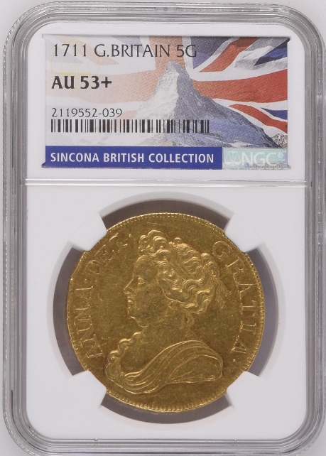 グレートブリテン 1711年 アン女王 5ギニー金貨 NGC-AU53+